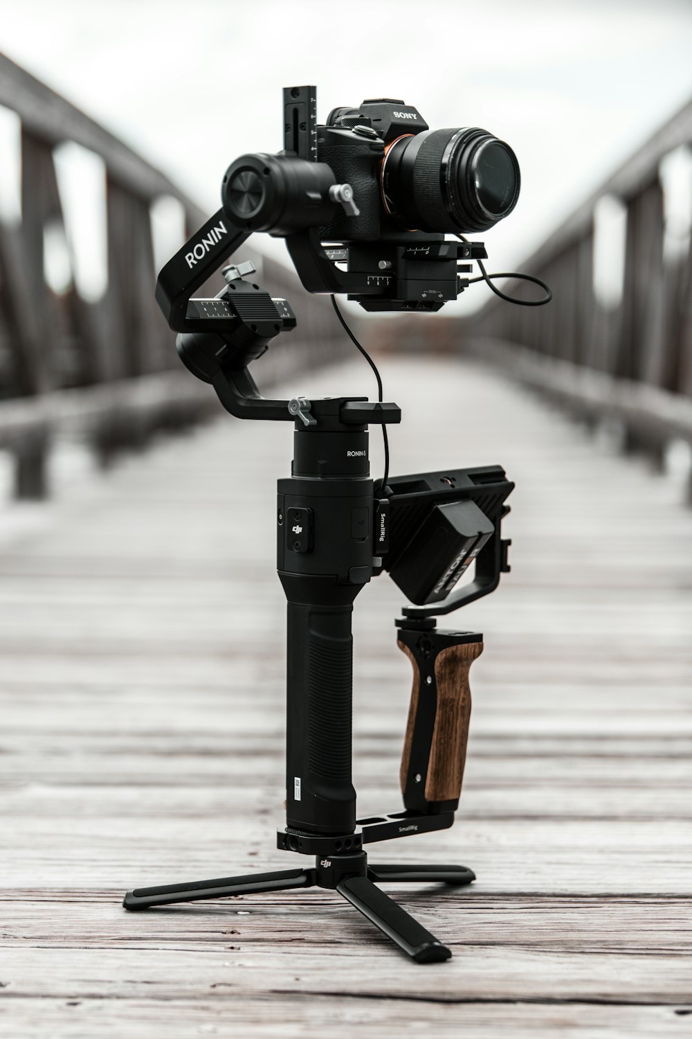 selective-focus of photography of black Ronin DSLR camera with stand on wood bridge