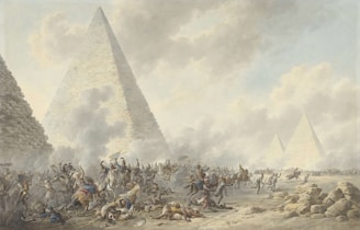 A historical battle scene with soldiers on horseback engaged in combat near the pyramids. Smoke rises amidst the chaos of battle, with figures in dynamic poses and detailed attire. The pyramids serve as a dramatic backdrop under a partly cloudy sky.