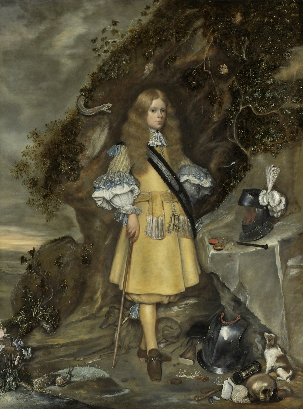 woman in yellow dress holding black and white bird painting