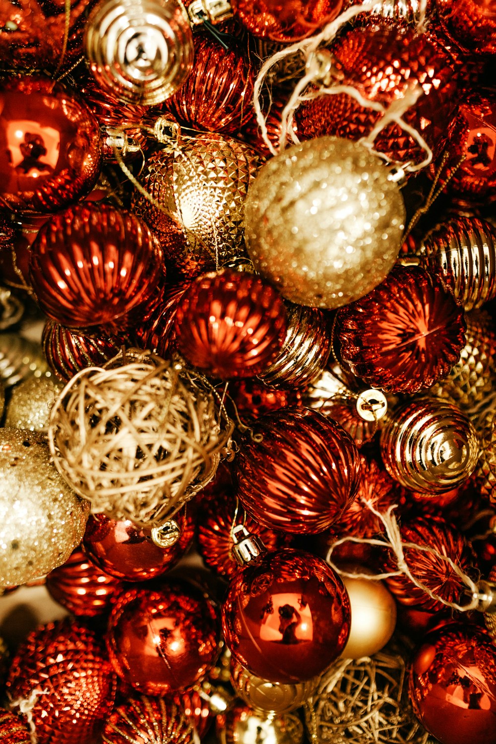 red and brown Christmas baubles