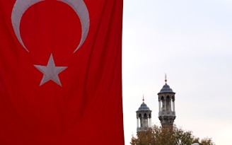 A large Turkish flag with a prominent red background and a white star and crescent is prominently displayed on the left side. In the background, two ornate minarets rise against a cloudy sky, partially obscured by treetops.