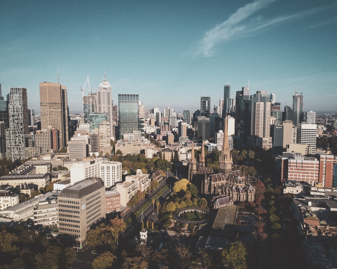high-rise buildings, Melbourne from above. Captured from Fitzroy Gardens in the morning.