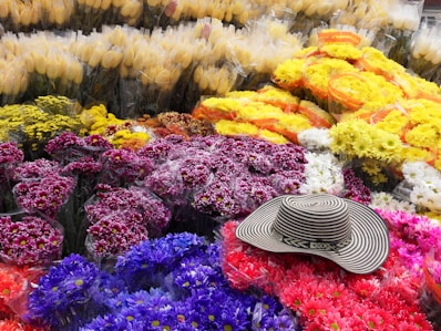 grey hat on flowers