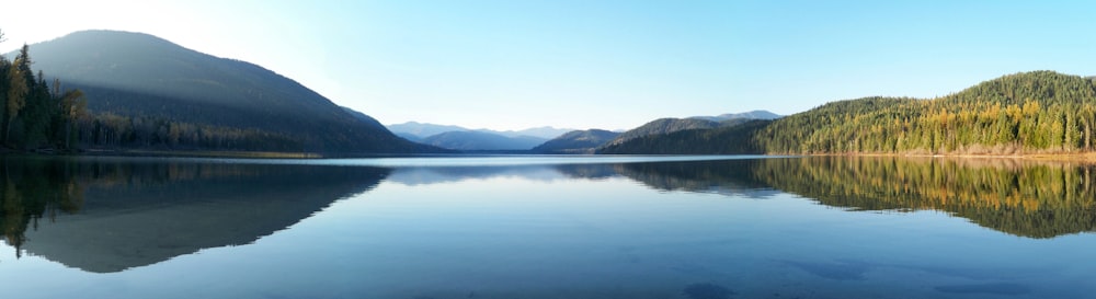 昼間の木々や山の近くの湖の写真を見る