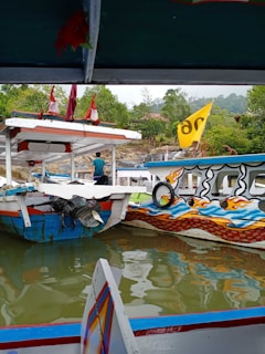 Several colorful boats are moored on a calm body of water, surrounded by lush greenery. The boats have vivid designs and a yellow flag is visible. A person wearing a blue shirt stands on one of the boats.