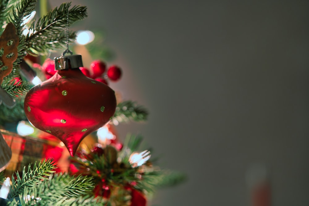 red Christmas decor on Christmas tree