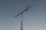 A rooftop television antenna stands silhouetted against a clear, twilight sky. The antenna's multiple metal rods are aligned in a structured pattern, and a small bird is perched on the upper section.