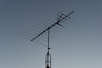 A rooftop television antenna stands silhouetted against a clear, twilight sky. The antenna's multiple metal rods are aligned in a structured pattern, and a small bird is perched on the upper section.