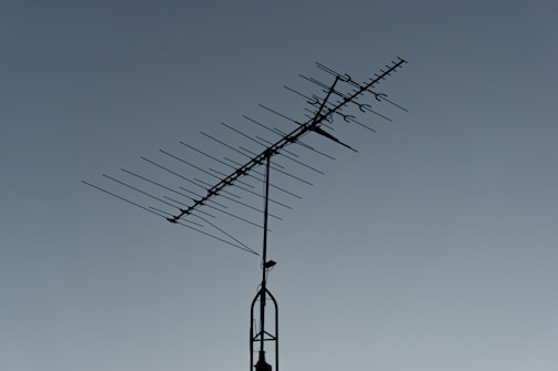 A rooftop television antenna stands silhouetted against a clear, twilight sky. The antenna's multiple metal rods are aligned in a structured pattern, and a small bird is perched on the upper section.