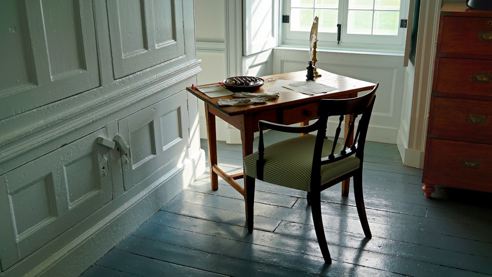 rectangular brown wooden desk