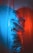 A figure is wrapped in a translucent plastic material, with contrasting blue and red lighting casting colorful shadows and reflections. The printed text on the plastic creates an abstract and slightly industrial appearance.