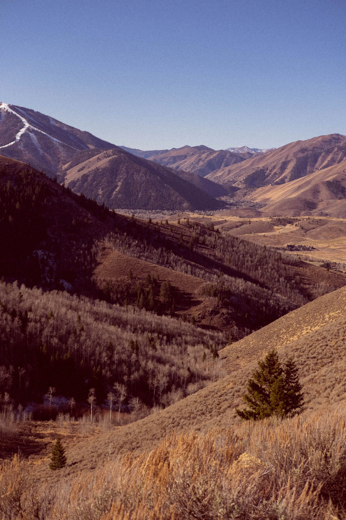 A wide valley near Sun Valley seen from a sagebrush slope, with ski runs on the peak at left