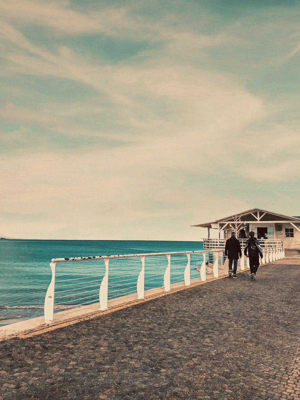 two person walking beside body of water