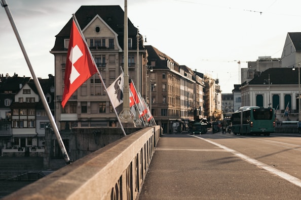 Bridge with flags in Basel Switzerland