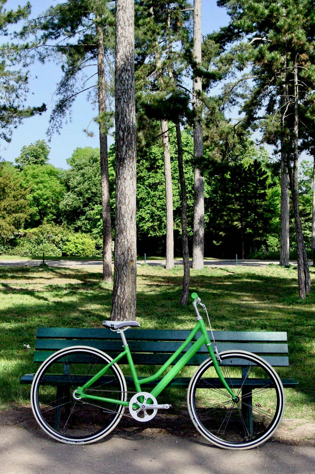 green step-through bike parked in front of a green bench