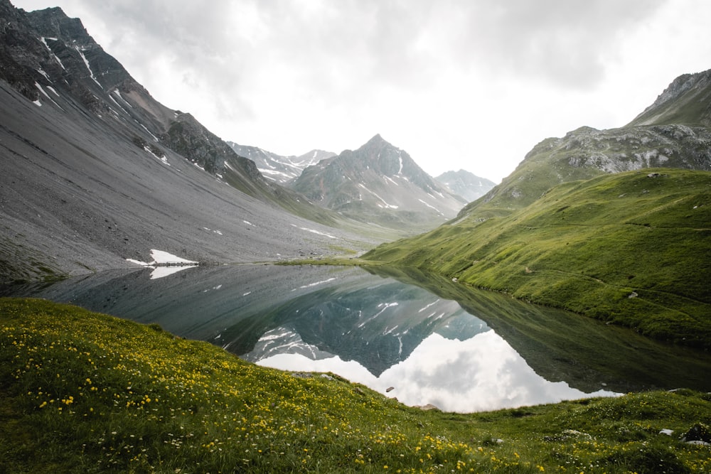 lake and mountain under heavy clouds