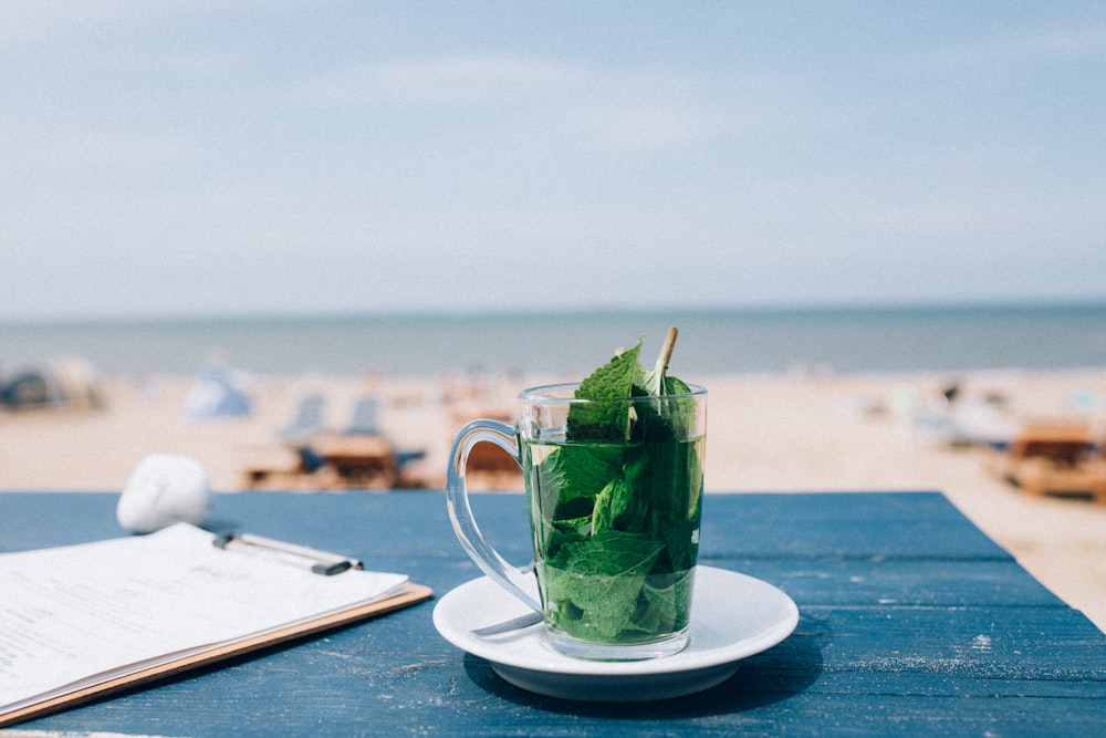 shallow focus photo of green leaves in clear glass mug