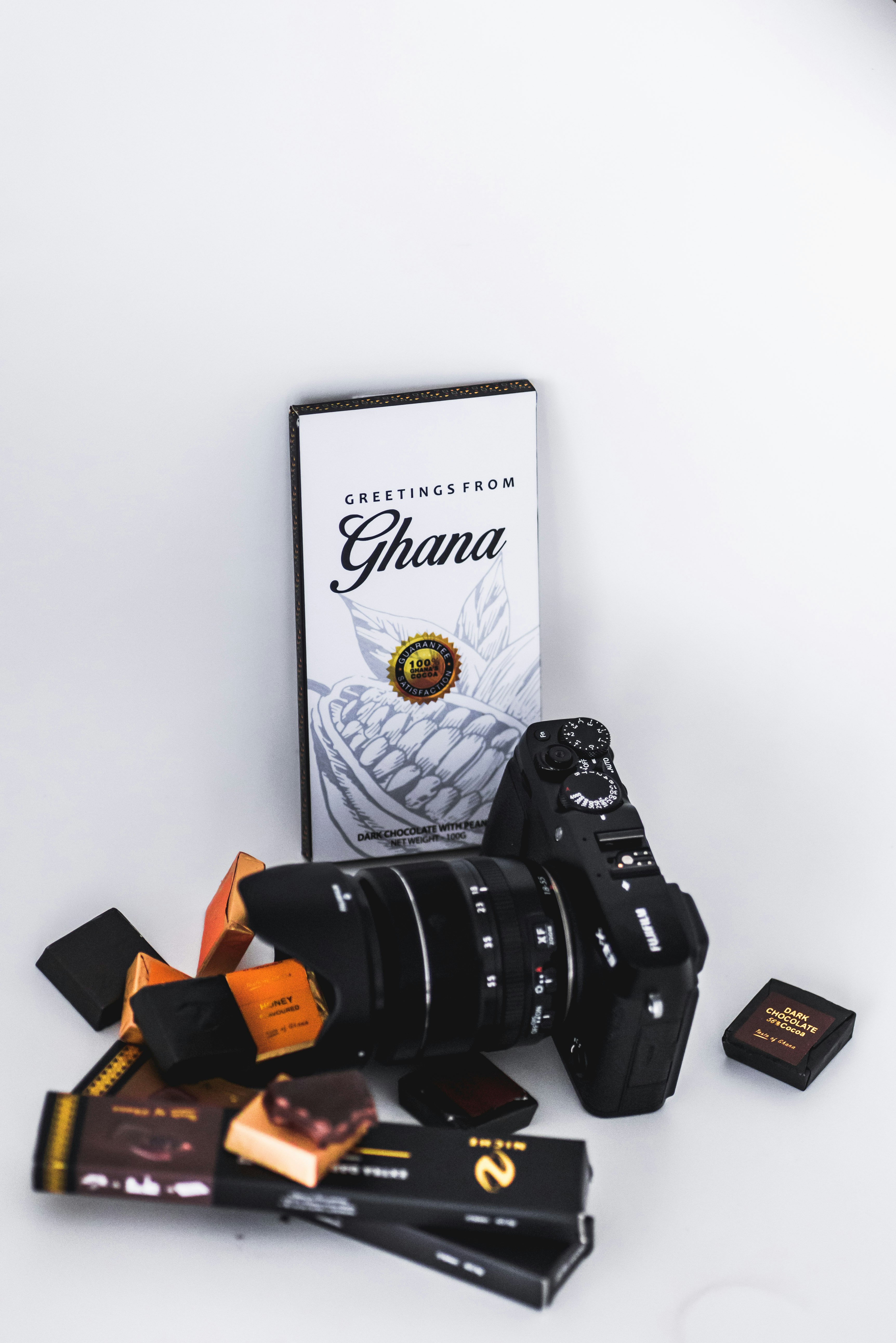 black DSLR camera near chocolate packets