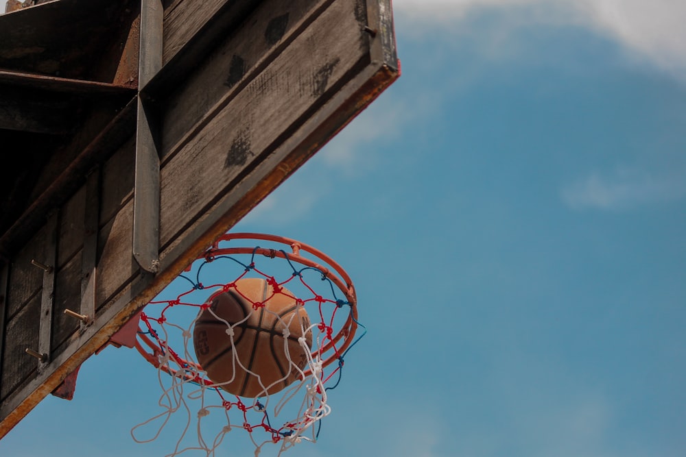 orange basketball being shot in ring