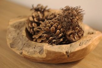 Close-up of a decorative bowl filled with pinecones and dried flowers, sitting on a polished wooden entryway bench.
