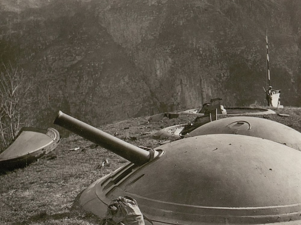 fotografía en escala de grises de cañones de guerra