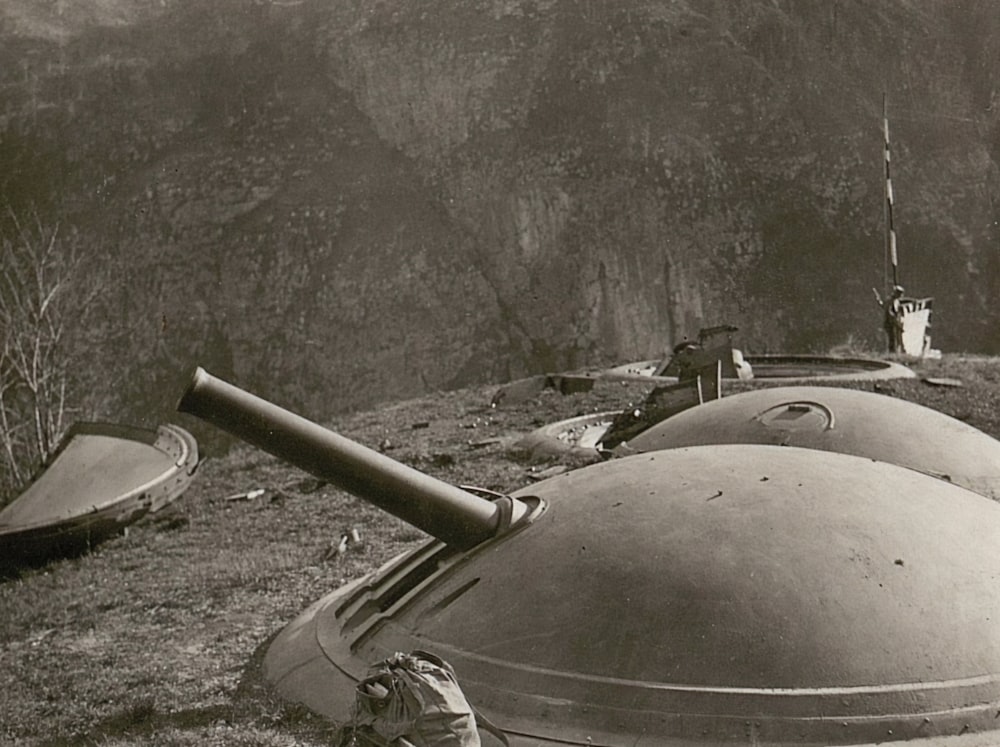 Photographie en niveaux de gris de canons de guerre