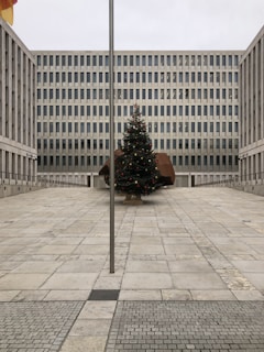A large, modern office building with a grid-like pattern of windows stands behind an open courtyard. In the center of the courtyard, there is a decorated Christmas tree with red and gold ornaments. A tall flagpole is positioned in the foreground of the image.