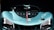 A sleek, futuristic sports car with an aerodynamic design in light blue color is displayed. The car features sharp, angular LED headlights and a prominent front grille. A sign on the front reads 'DO NOT LEAN.' The car's design emphasizes speed and modernity.