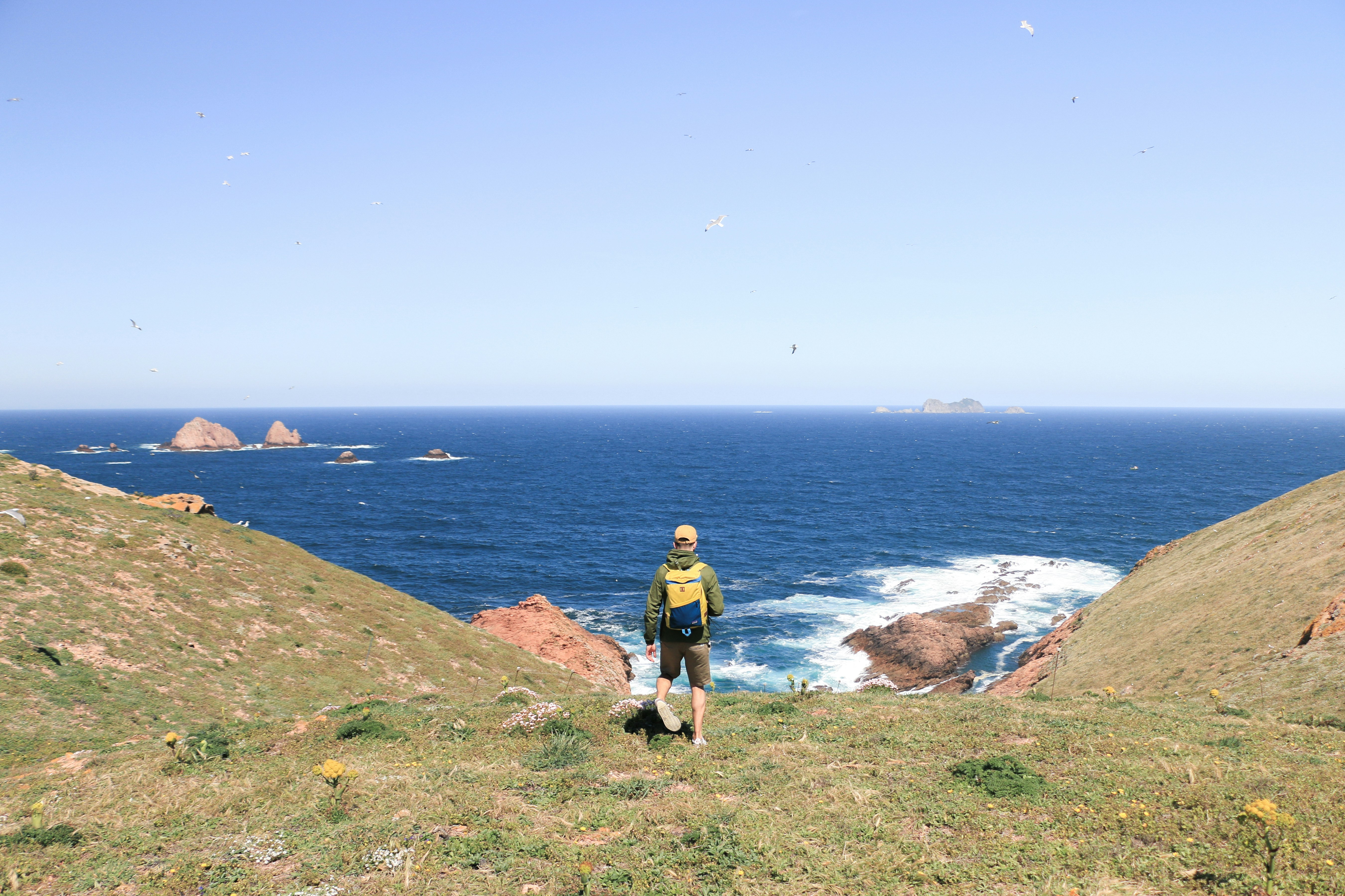 man on hill near sea