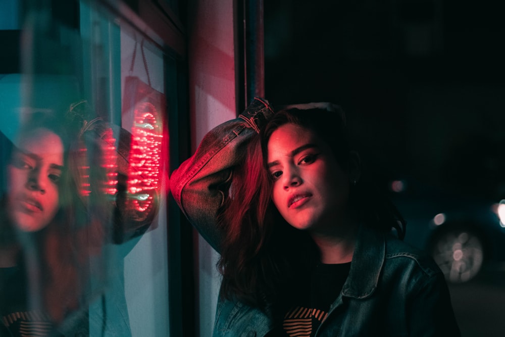 woman blue denim jacket