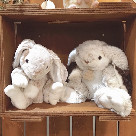 Two plush bunny toys are placed side by side in a wooden crate. Both have soft, fluffy fur and floppy ears. The left bunny is a light cream color, while the right bunny has brown patches on its ears. A tag is attached to the right bunny's chest.