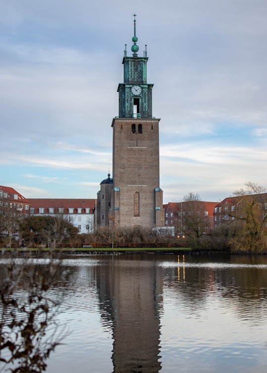 brown concrete tower with clock near body of water in Østre Anlæg Denmark