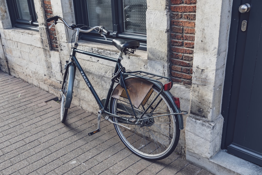 gray commuter bike parked beside window and door