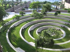 an aerial view of a circular lawn area
