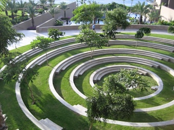 an aerial view of a circular lawn area