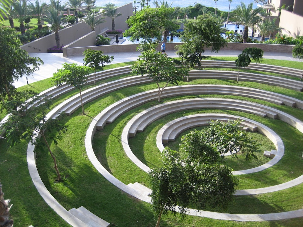 an aerial view of a circular lawn area