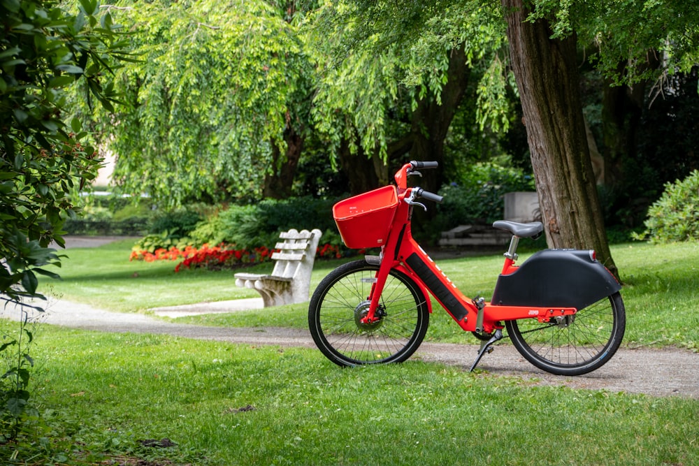 Bici rossa parcheggiata sull'erba al parco durante il giorno