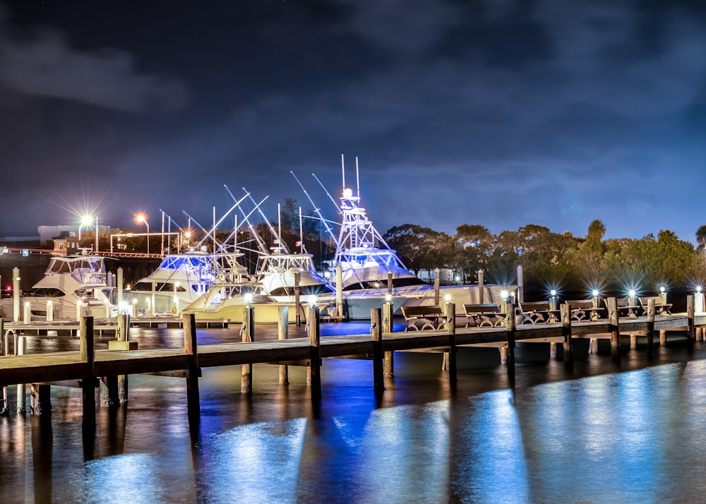 boats near dock during night