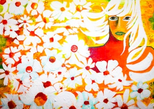A vibrant and colorful illustration featuring a stylized female figure surrounded by large, abstract white flowers. The figure is depicted with flowing white hair, a striking orange skin tone, and bold green lips, set against a background of yellow and orange hues. The flowers have red centers and are densely packed, creating a dynamic and energetic composition.