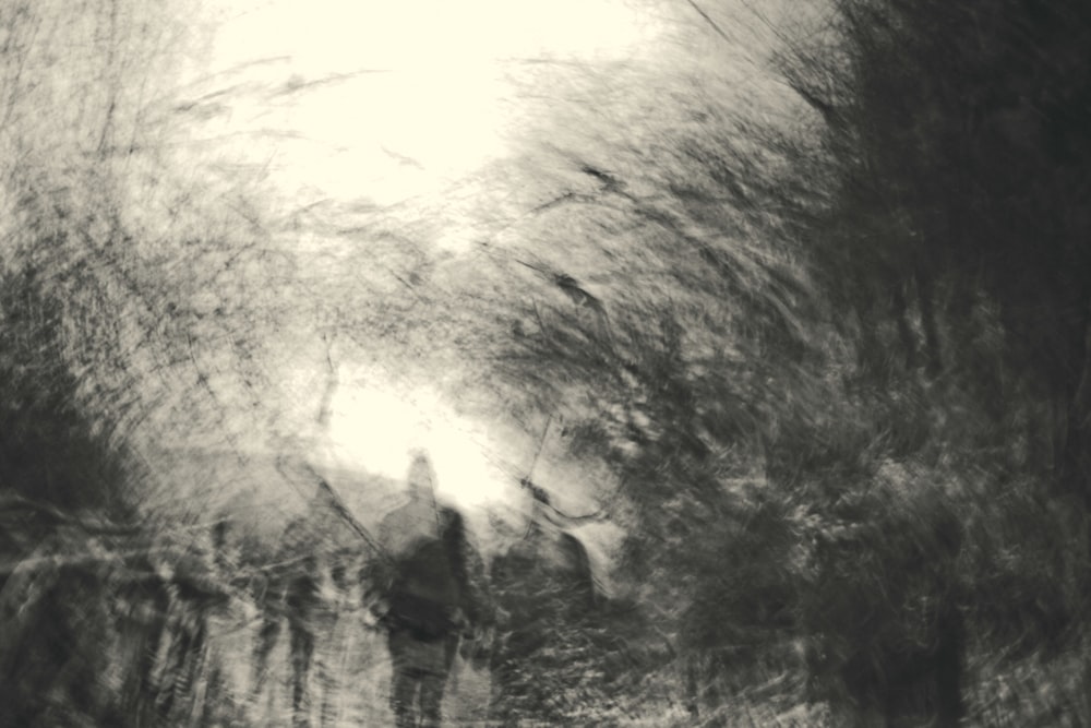 a black and white photo of people walking down a path