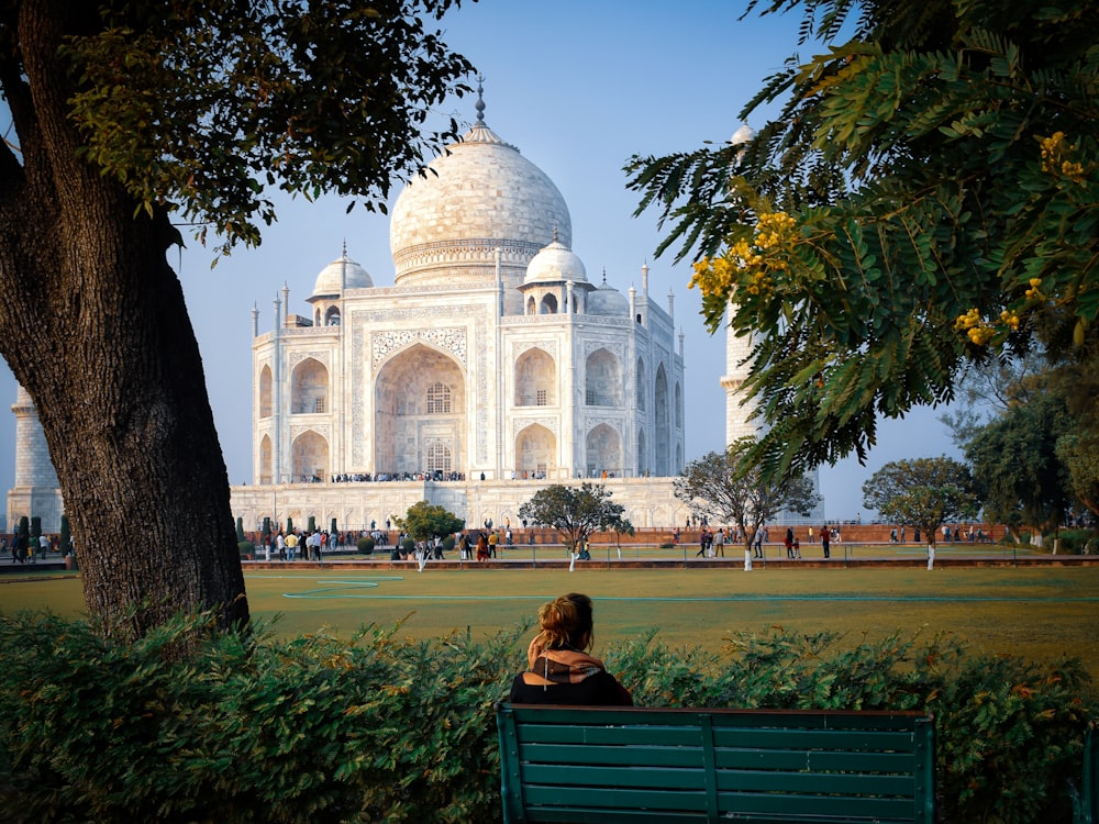 homme assis sur un banc près d’arbres et de personnes près du Taj Mahal, Inde pendant la journée