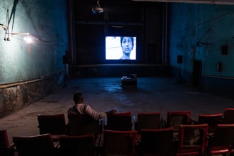 An individual is sitting alone in a dimly lit, old-style cinema theater with rows of empty red seats. A black-and-white film is being projected on a small screen at the front, displaying a close-up of a person's face. The walls are painted in a faded green color, and there are visible signs of wear and age.