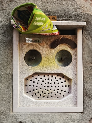 A mailbox embedded in a textured wall with a rolled-up newspaper sticking out from the slot. The mailbox has a rectangular shape with two circular button-like features and a perforated surface resembling a speaker grill. There is also a nameplate with text.
