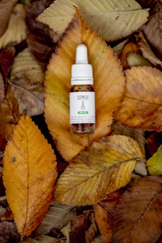 A bottle of Supmedi CBD oil with a dropper cap is placed on a bed of autumn leaves that vary in color from yellow to brown, creating a natural and organic setting.