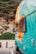 A colorful camper van with vibrant designs painted on its side is parked by a cliffside with lush greenery. The van is predominantly turquoise with an orange and white design near the roof and window. The side mirror is visible, and the background features a sandy area and vegetation.