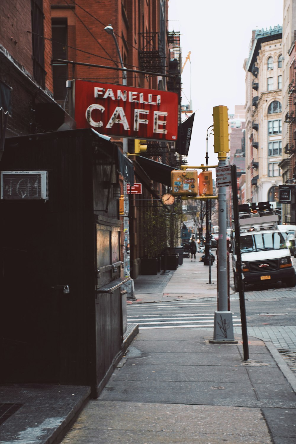 red and white Fanelli Cafe signage