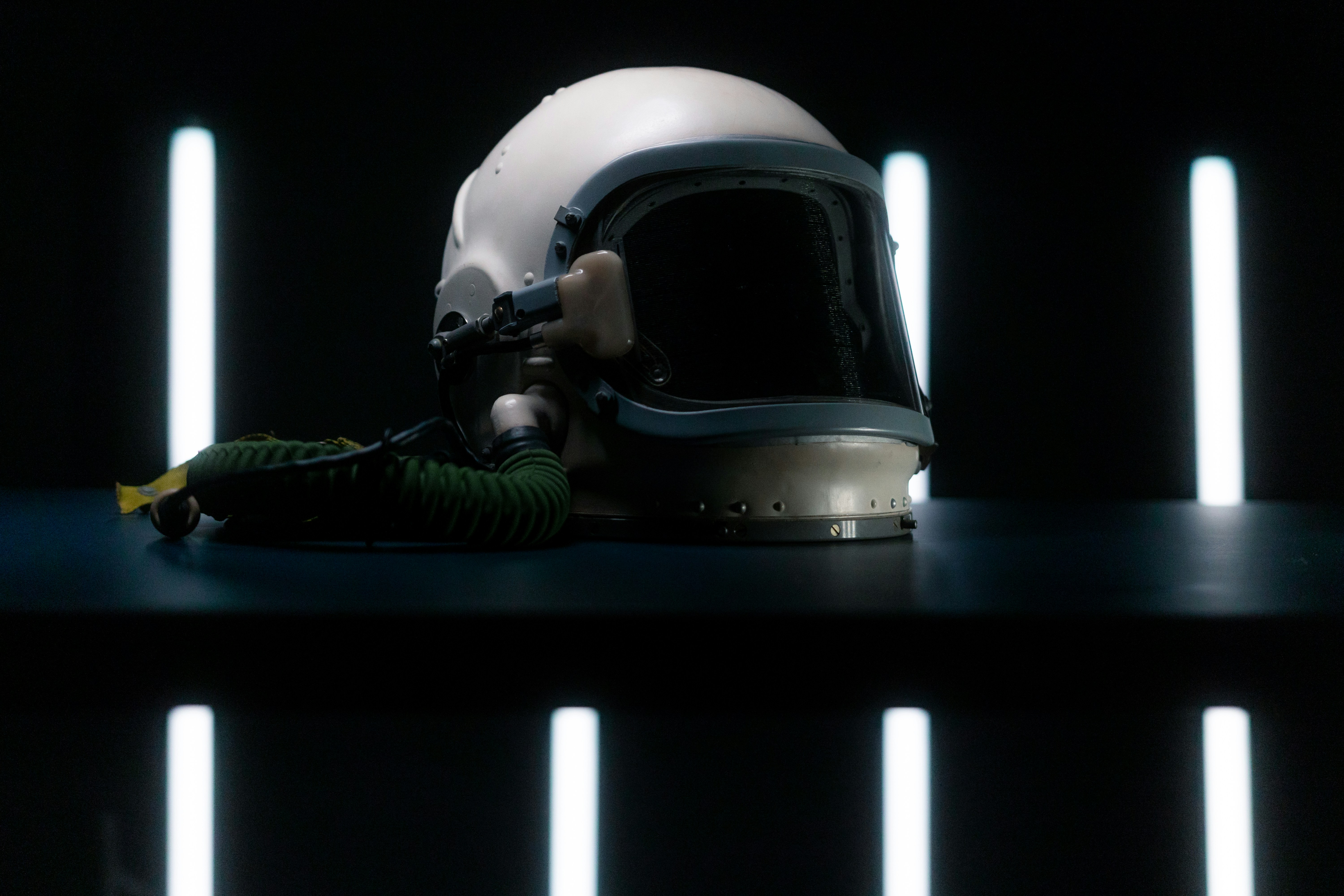 Space Helmet with white lights in the Background
