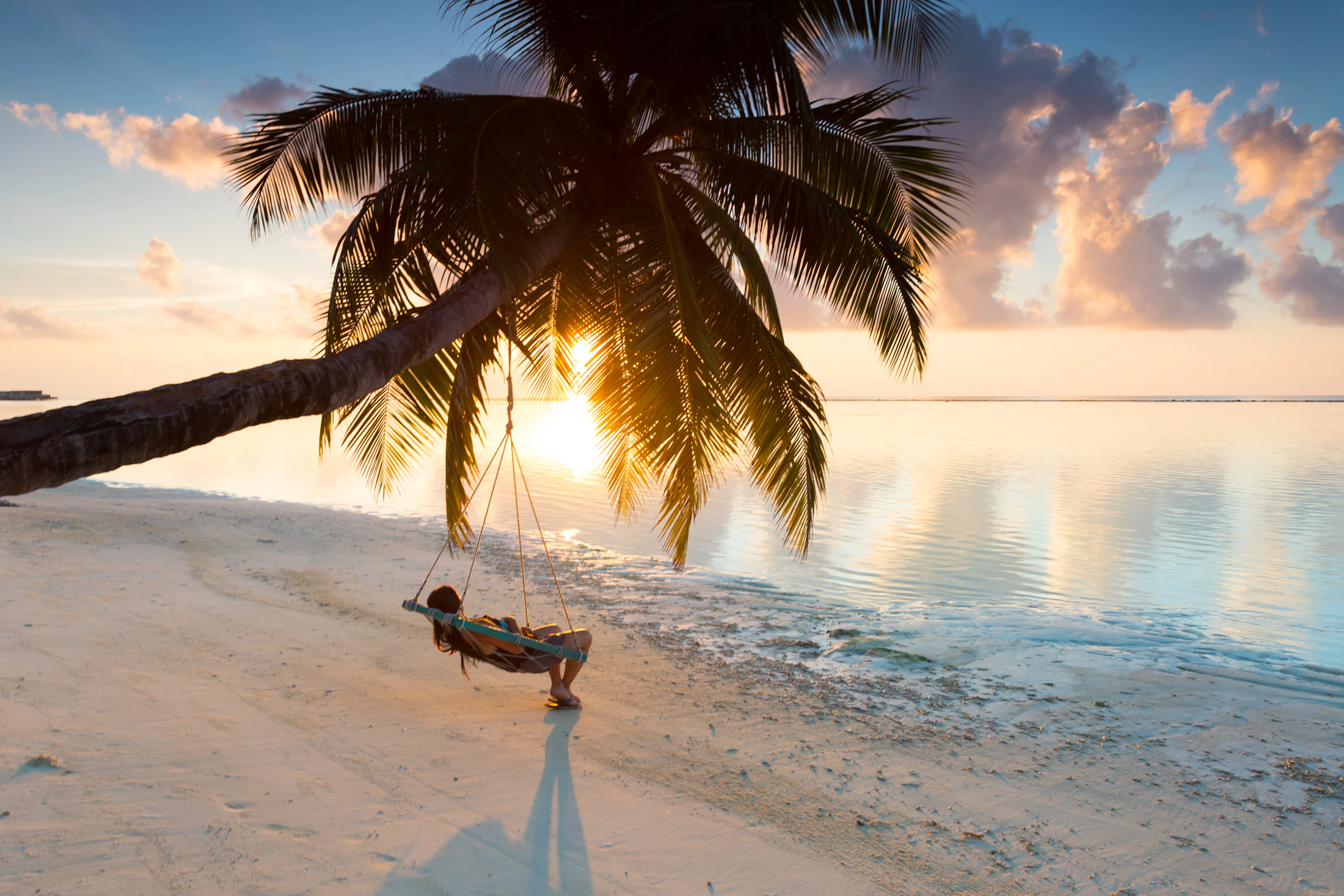 A hammock slung from a leaning palm on a Maldivian beach at sunset