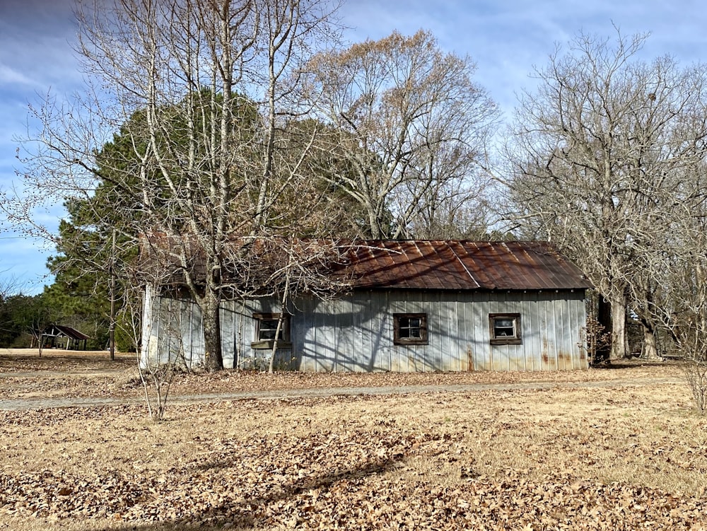 grey wooden house beside trees during daytime