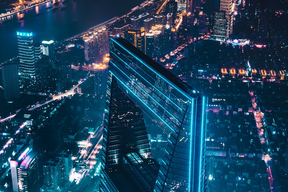 curtain-wall high-rise building at night